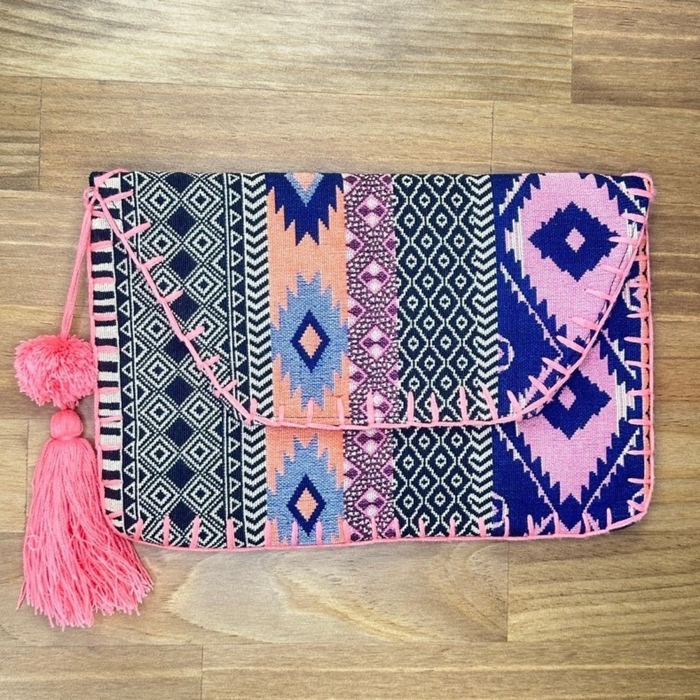 Boho Tribal Tassel Clutch Envelope Bag Pink Blue Aztec Print